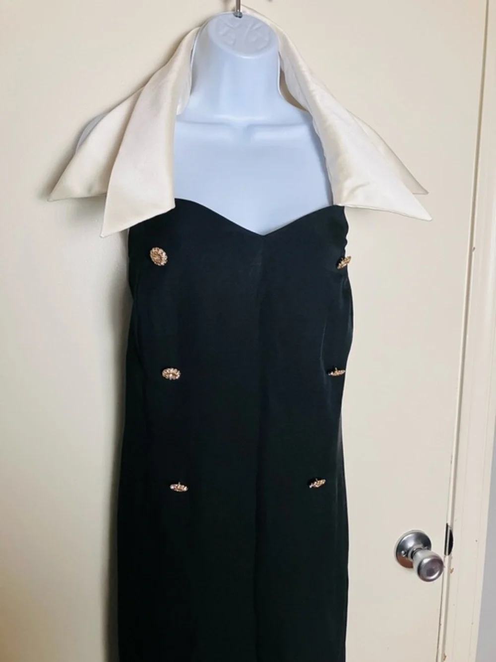 Vintage 80s Betsy & Adam Black Halter Cocktail Dress Ivory Collar Size 24w - Picture 2 of 5